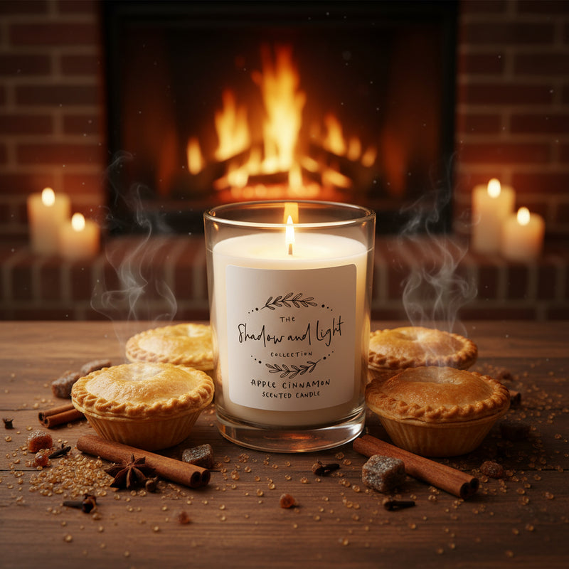 Candle in a tin with a label on a wooden surface
