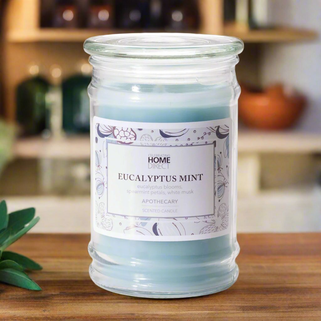 A 17 oz Apothecary candle with a blue label reading 'EUCALYPTUS MINT', placed on a wooden surface with greenery in the background.