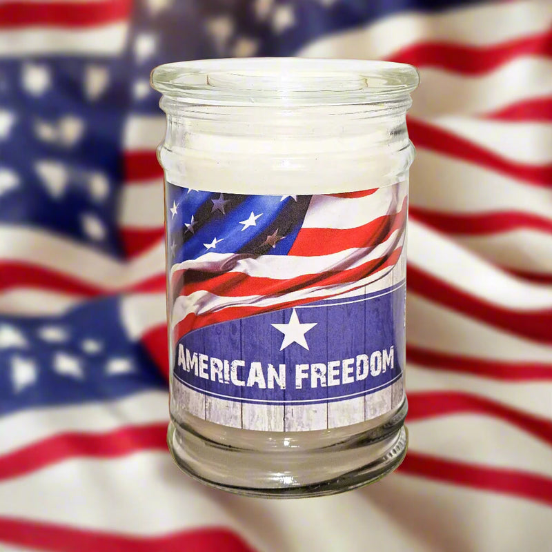 Glass jar with patriotic 'American Freedom' label against an American flag background