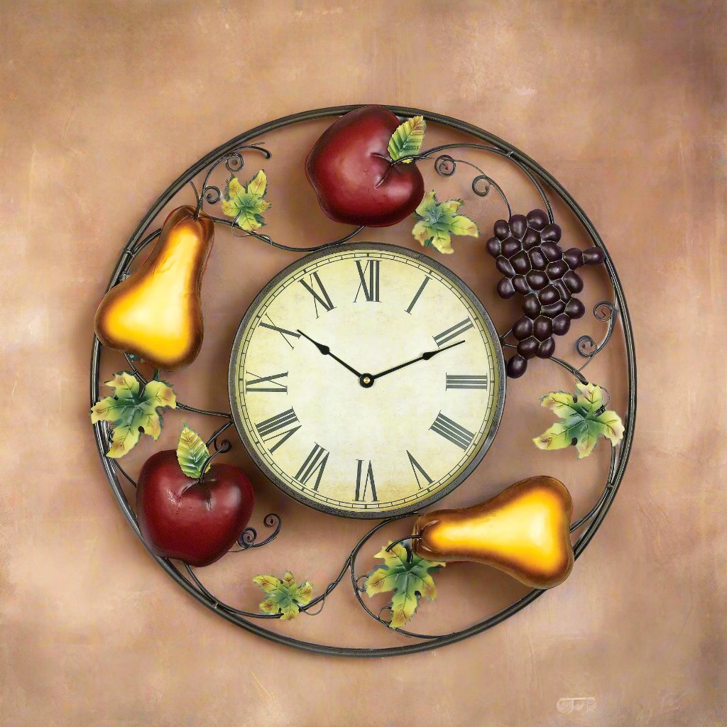 A wall clock with a brown wooden frame, featuring hand-painted fruit and foliage around the clock face, and a beige background.