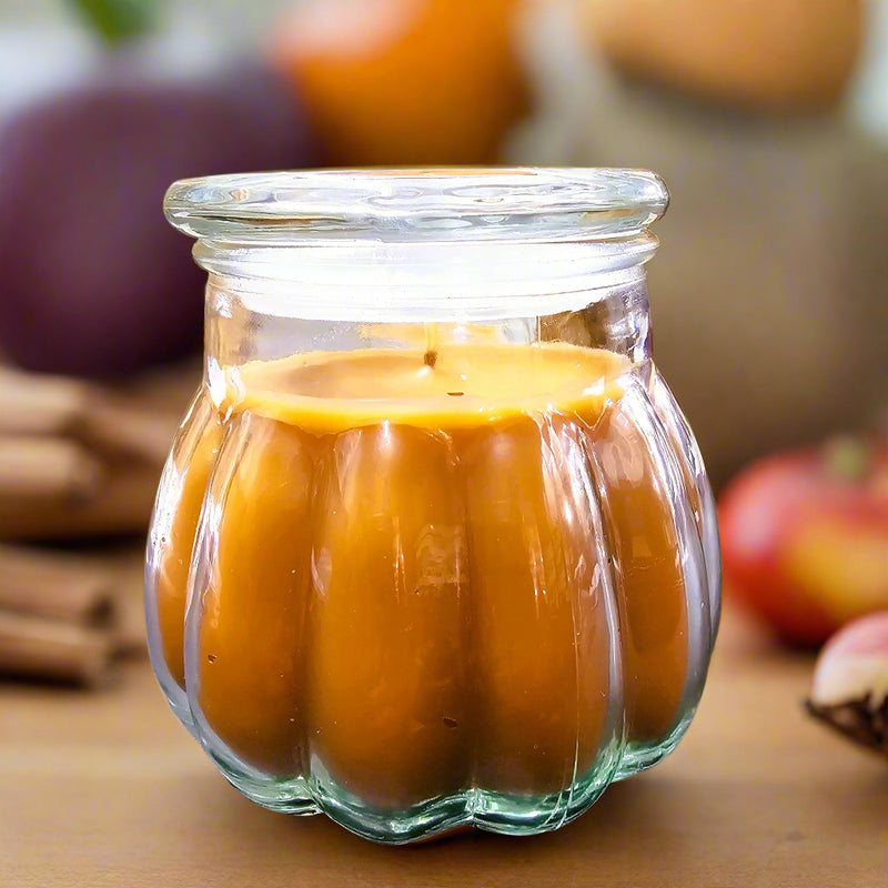 autumn harvest glass candle with lid with pumpkin and cinnamon spice fragrance