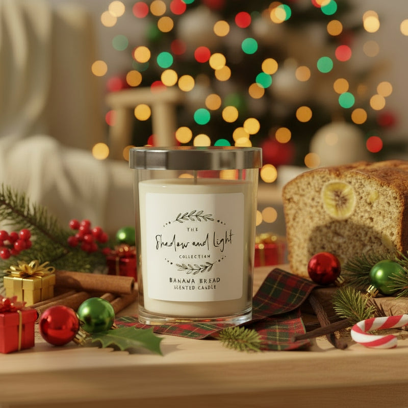 Candle in a glass jar with a label on a wooden surface